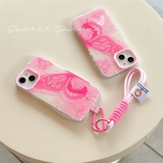 เคสโทรศัพท์มือถือ ลายผีเสื้อ สีชมพู พร้อมสายคล้องสั้น สําหรับ iphone14Promax 13 11 12