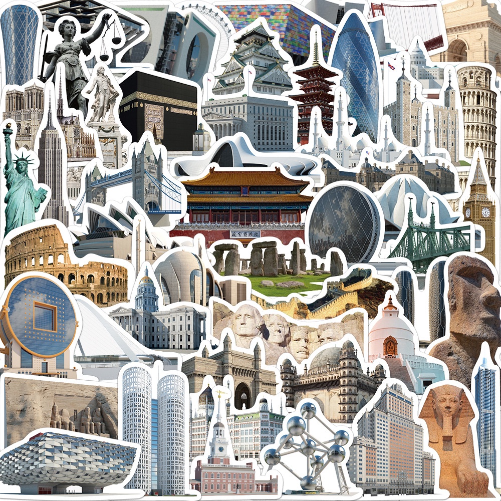 พร้อมส่ง！Travel City famous building sticker vintage ticket สติกเกอร์กันน้ำรูปแบบที่แตกต่างกัน 50ชิ้น