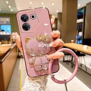 ใหม่ Tecno Camon 20 Pro Premier Spark Go 2023 10C 10 Pro POVA 4 4G 5G เคสโทรศัพท์ ชุบสี KT แมว แต่งหน้า กระจก และสร้อยข้อมือ พับ ขาตั้ง เลนส์ กันกระแทก เคสด้านหลัง