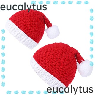 Eucalytus1 หมวกบีนนี่ ผ้าถัก ลายคริสต์มาส ประดับปอมปอม สีแดง สําหรับแม่ และลูก