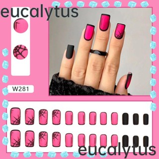 Eucalytus1 เล็บปลอม แบบยาว ถอดออกได้ ลายดอกกุหลาบ สีแดง ใช้ซ้ําได้ สําหรับผู้หญิง 24 ชิ้น