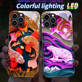 เคสโทรศัพท์มือถือกระจก ลายปลาคาร์พนําโชค มีไฟกระพริบ LED สําหรับ iPhone 14Promax 14Plus 13Promax 12ProMax 7plus 8plus XR XS X XSMAX 11ProMax 11pro