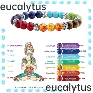 Eucalytus1 สร้อยข้อมือลูกปัดหินคริสตัล 7 จักระ หลากสี ปรับได้ สําหรับผู้หญิง