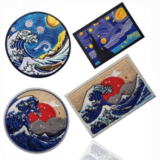 แผ่นแพทช์สติกเกอร์ ปักลาย Velcro Kanagawa Dalang Morale Badge Van Gogh สามมิติ สําหรับติดตกแต่งเสื้อผ้า