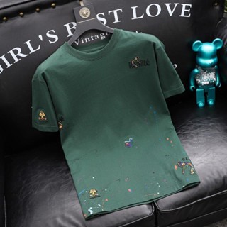 เสื้อยืดแขนสั้นลําลอง หนัง Pu สไตล์ฮ่องกง แฟชั่นสําหรับผู้ชาย