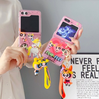 เคสโทรศัพท์มือถือ PC แข็ง กันกระแทก ลายการ์ตูนน่ารัก สีชมพู พร้อมสายโซ่คล้อง สําหรับ Samsung Galaxy Z Flip5 5G Z Flip4 Z Flip 3