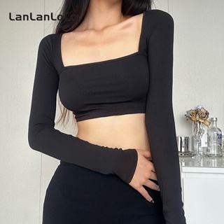 Lanlanlolo เสื้อยืดลําลอง แขนยาว คอสี่เหลี่ยม เข้ารูป สีพื้น เข้ากับทุกการแต่งกาย แฟชั่นสําหรับสตรี 2023