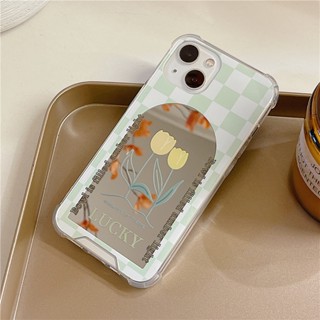 Bella _ เคสป้องกันโทรศัพท์มือถือ แบบนิ่ม ลายดอกทิวลิป ลายสก๊อต สีเขียว สําหรับ iphone XR XS 11 12 13 14 15 pro max mini S PLUS