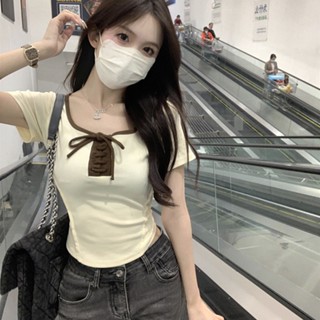 WANG JIAO ZHANเสื้อแขนสั้น คอสี่เหลี่ยม เข้ารูป แบบผูกเชือก สไตล์เกาหลี สําหรับผู้หญิง