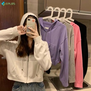 Cicishop(พร้อมส่ง)(k262)เสื้อฮู้ด แขนยาว มีซิปด้านหน้า ผ้านุ่ม เหมาะสําหรับฤดูหนาว สไตล์พาสเทล