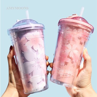 Amymoons แก้วน้ําพลาสติก สองชั้น พร้อมฝาปิด 480 มล. เหมาะกับฤดูร้อน สําหรับผู้หญิง