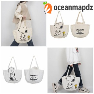 Oceanmapdz กระเป๋าสะพายไหล่ กระเป๋าช้อปปิ้ง ผ้าแคนวาส พิมพ์ลายการ์ตูน Snoopy ความจุขนาดใหญ่ แบบพกพา