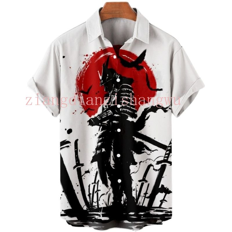 เสื้อเชิ้ตแขนสั้น พิมพ์ลายการ์ตูนญี่ปุ่น ซามูไร เหมาะกับเดินชายหาด สไตล์ฮาวาย แฟชั่นวินเทจ สําหรับผู้ชาย