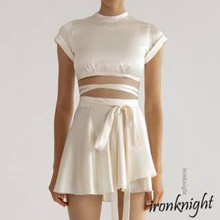 Ironknight- เสื้อครอปท็อป แขนสั้น ผูกเชือกด้านหลัง และชุดกระโปรงสั้น แฟชั่นฤดูร้อน สําหรับผู้หญิง