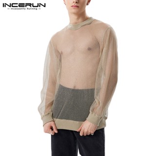 Incerun เสื้อยืดแขนยาว คอสูง ผ้าตาข่าย ทรงหลวม สีทอง