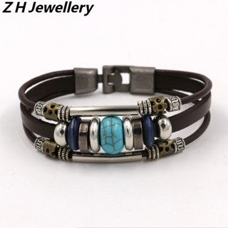 [Z H Jewelry] สร้อยข้อมือ หนัง PU สเตนเลส ประดับลูกปัดหลากสี สไตล์โบฮีเมียน พังก์ร็อค วินเทจ เครื่องประดับ สําหรับผู้ชาย และผู้หญิง