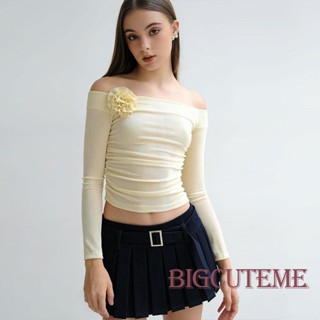 []-เสื้อเชิ้ต แขนยาว เปิดไหล่ ลายดอกไม้ สีพื้น สไตล์สตรีท ฤดูใบไม้ผลิ ฤดูร้อน สําหรับผู้หญิง