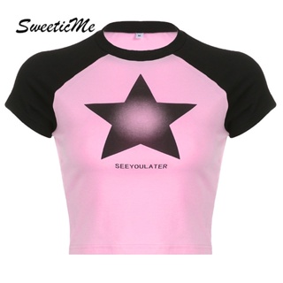 Sweeticme เสื้อยืดลําลอง แขนสั้น คอกลม พิมพ์ลายดาว สีตัดกัน เข้ากับทุกการแต่งกาย แฟชั่นสําหรับสตรี 2023