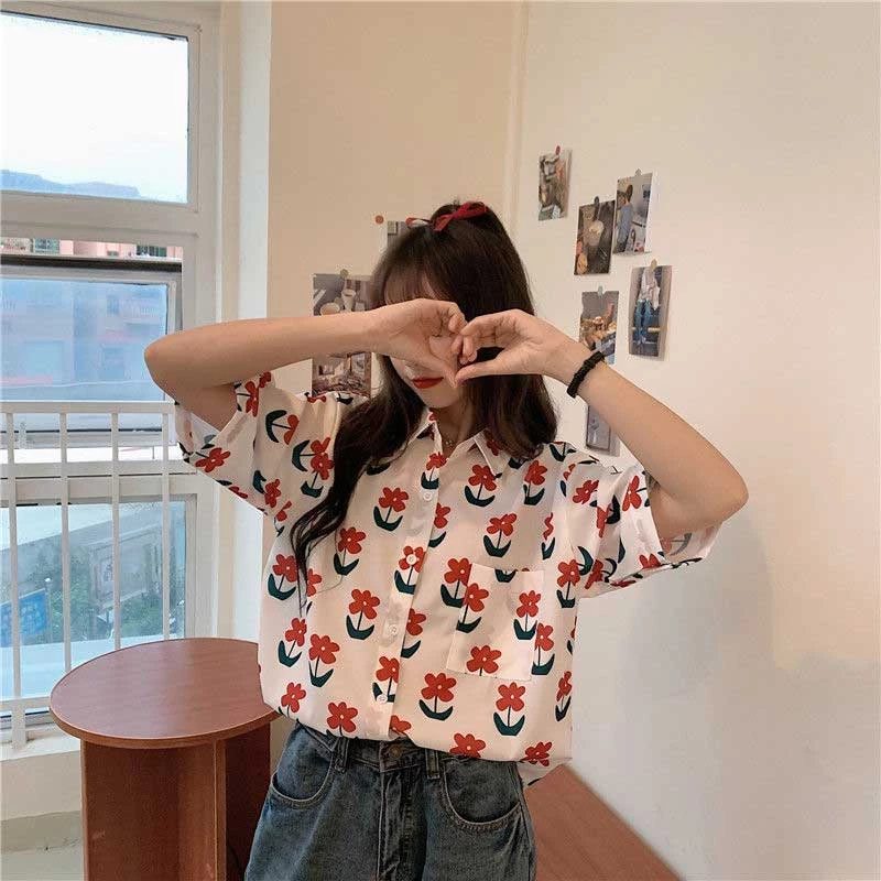 เสื้อเชิ้ตคอปกแขนสั้นผู้หญิง สไตล์เกาหลีลายดอกไม้ thumbnail 10