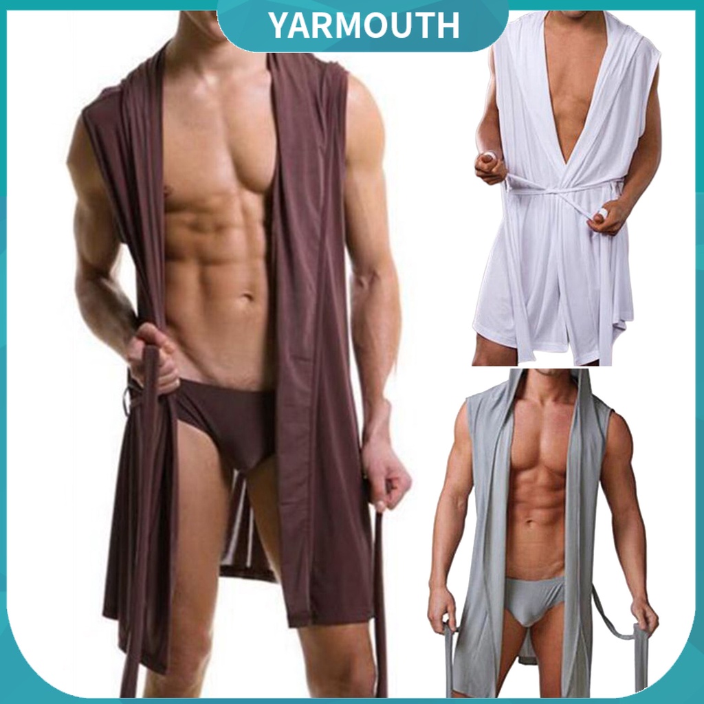 Yyr-- ชุดนอน เสื้อคลุมอาบน้ํา แขนกุด มีฮู้ด สีพื้น เป็นมิตรกับผิว สําหรับผู้ชาย