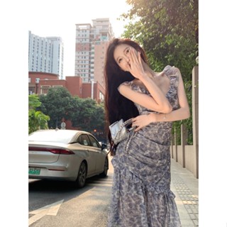 「Nonfatgirl」ชุดเดรสกระโปรง แต่งระบาย ลายดอกไม้ สีเทา สไตล์เรโทร สําหรับสตรี