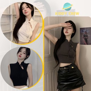เสื้อครอปแขนกุด ด้านหลังน่ารักมาก เสื้อครอปสั้นเเขนกุดทรงกี่เพ้า เสื้อครอปเเฟชั่นเเขนกุด