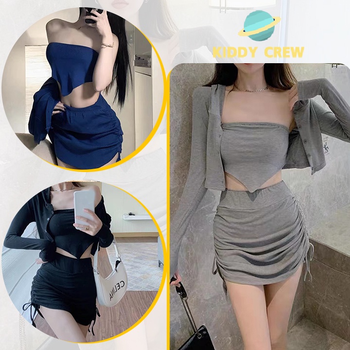 เสื้อสายเดี่ยว ชุดเซ็ทสมัยใหม่สไตล์เกาหลี2ชิ้น กระโปรงสั้น แต่งรูดได้น่ารักๆ ชุดเข้าเซ็ท
