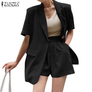 Zanzea ผู้หญิง เกาหลี ลําลอง แขนสั้น ซิป เอวยางยืด จีบ สีพื้น ชุดสูท