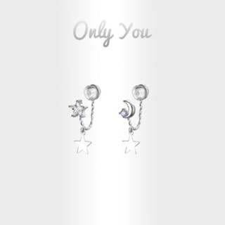 Only You ต่างหูเงิน S925 รูปดาวและดวงจันทร์ ไม่สมมาตร น้ําหนักเบา ไม่ต้องเจาะ