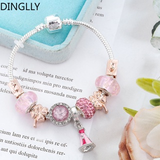 Dinglly สร้อยข้อมือ ลูกปัดแก้ว สีชมพู สําหรับผู้หญิง แฟชั่น Diy