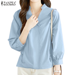 Zanzea เสื้อเชิ้ต คอวี แขนสามส่วน สีพื้น สไตล์เกาหลี สําหรับผู้หญิง