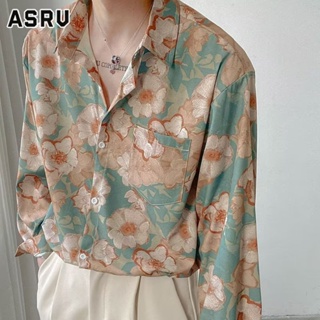 ASRV เสื้อเชิ้ตผู้ชาย สไตล์ฮ่องกงภาพวาดสีน้ำมันวินเทจเสื้อดอกไม้ชายและหญิงย้อนยุคทุกคู่หลวมคู่แขนยาว หล่อและมีเสน่ห์