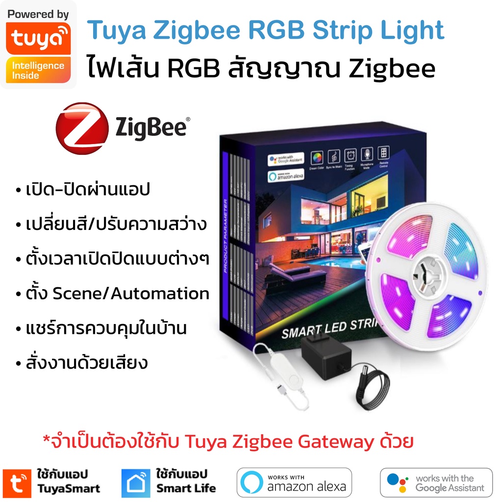 Tuya ไฟเส้น RGB แบบ Zigbee เปิดปิด เปลี่ยนสีผ่านแอป สั่งงานด้วยเสียง Google Home,Alexa ราคา ถูกที่สุด ดีลบีเคเค