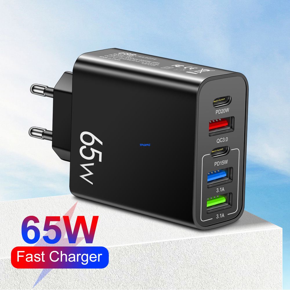 อะแดปเตอร์ชาร์จโทรศัพท์มือถือ 3.1A Type-C PD+3USB หลายพอร์ต 65W Type C PD QC3.0