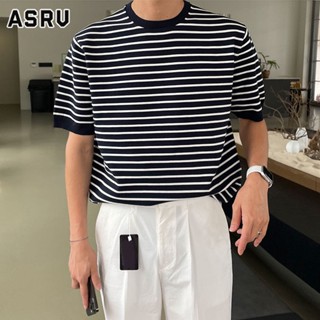 ASRV ผู้ชายแขนสั้นลายญี่ปุ่นช่องหลวมแบรนด์น้ำถักส่วนบางสบาย ๆ เสื้อยืดคอกลม