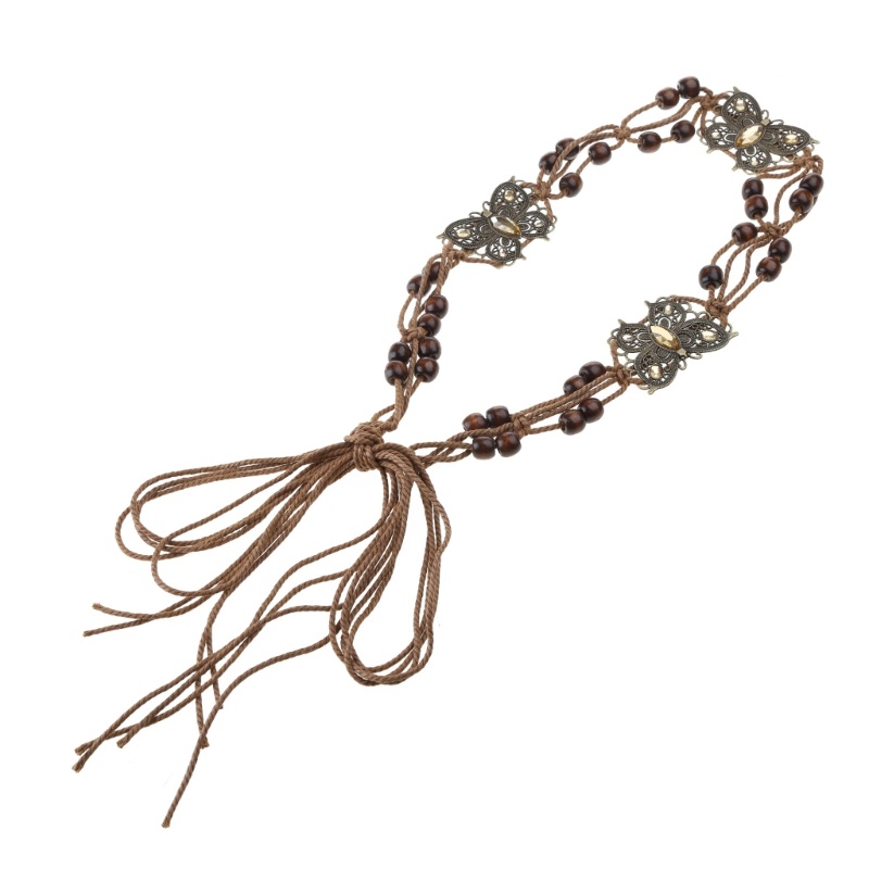Cutiepie สไตล์โบฮีเมียนพู่ผูกปมเข็มขัดกว้างเชือกทอเข็มขัดเอว Boho Braid เข็มขัด