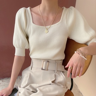 French vintage bubble sleeve square collar T-shirt summer thin ice silk short-sleeved T-shirt high quality short knitted T-shirt