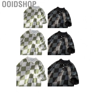 Ooidshop Short Sleeve Top  Comfortable Turn Down Collar Loose Short Sleeve T Shirt Plaid Pattern  for Weekend