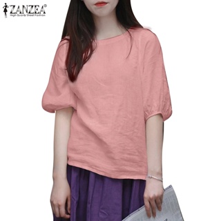 Zanzea เสื้อเบลาส์ คอกลม แขนครึ่ง ลําลอง สีพื้น สไตล์เกาหลี สําหรับผู้หญิง