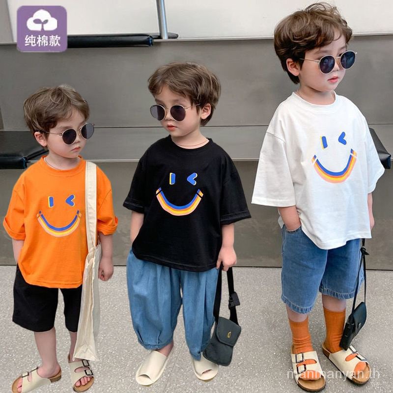 เสื้อยืดแขนสั้น ผ้าฝ้ายแท้ ขนาดเล็ก แบบเรียบง่าย แฟชั่นฤดูร้อน สําหรับเด็กผู้ชาย