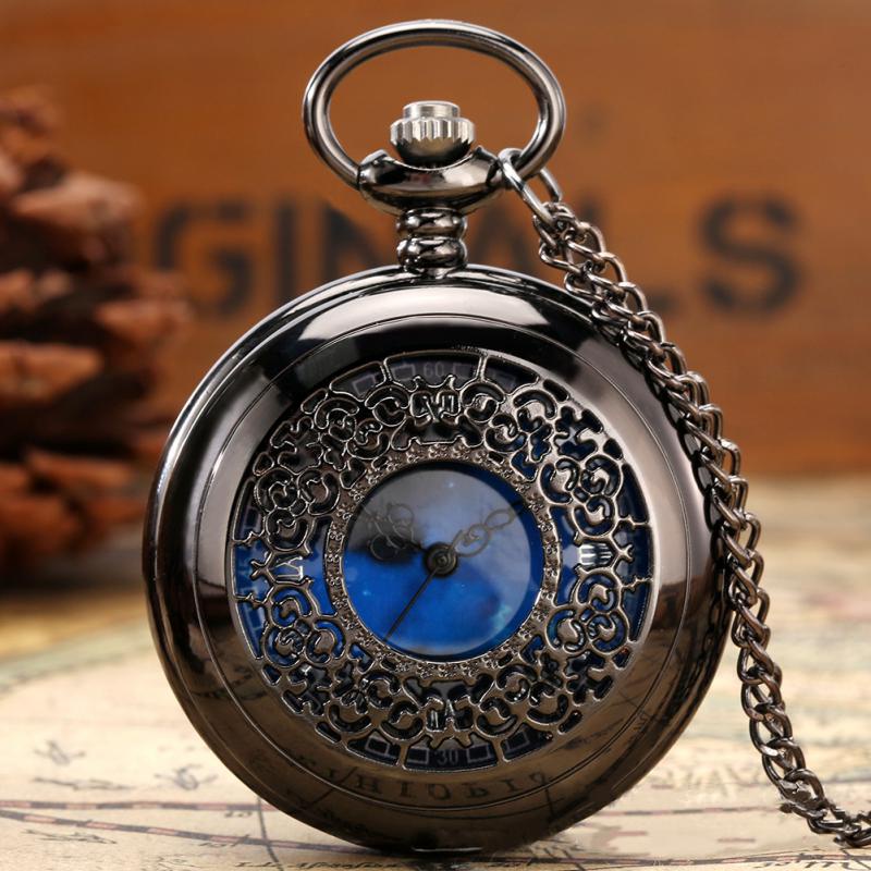 Starry Blue Dial Pocket Watch เลขโรมันจี้ Bronze Hollow Case Steampunk Vintage สร้อยคอแขวนนาฬิกา