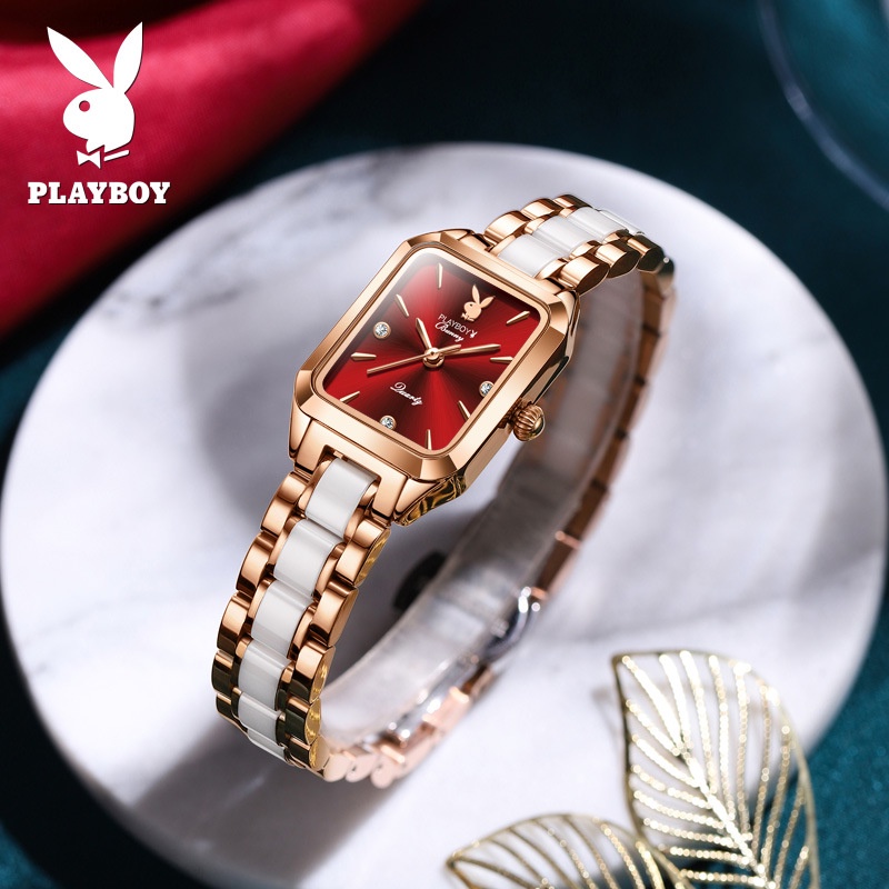 Playboy Watch Counter ของแท้ 2050 นาฬิกาข้อมือ เซรามิค ทรงสี่เหลี่ยม ขนาดเล็ก 30 ม. กันน้ํา ของขวัญ สําหรับผู้หญิง