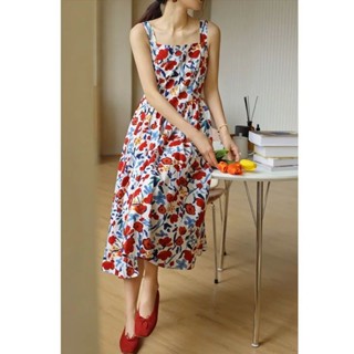 Red Blue Flora Maxi แมกซี่แขนกุดลายดอกแดงกรมป้าย YPY