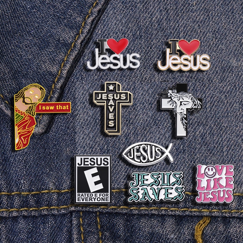 เข็มกลัดโลหะ รูปพระเยซู I Love 12 แบบ อุปกรณ์เสริม สําหรับตกแต่งกระเป๋าเป้สะพายห