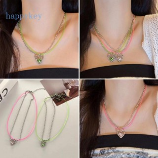 Hap สร้อยคอ สองชั้น จี้หัวใจ Y2K สีชมพู สีเขียว สําหรับผู้หญิง ฮิปฮอป ความงาม สาว ลูกปัด Neckla