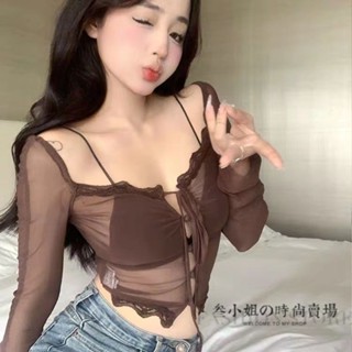 [พีชที่ต้องการ]✔2 สี Tulle Gauze Top Sweet Hot Girl Sexy Pure Desire Lace Small Shirt Women Summer New Style Short Style Unique Exquisite Thin Gauze Long Sleeve Top