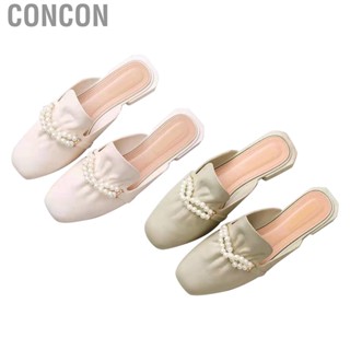 Concon Women Close Toe Slides Faux Pearl Outdoor Low Heeled Backless Flat Slip On Sandals