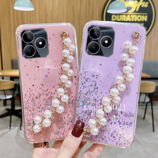 พร้อมส่ง ใหม่ เคสโทรศัพท์มือถือนิ่ม ลายกากเพชรดาว ประดับมุก พร้อมสายคล้องมือ สําหรับ Realme C53 C55 NFC 2023 RealmeC53