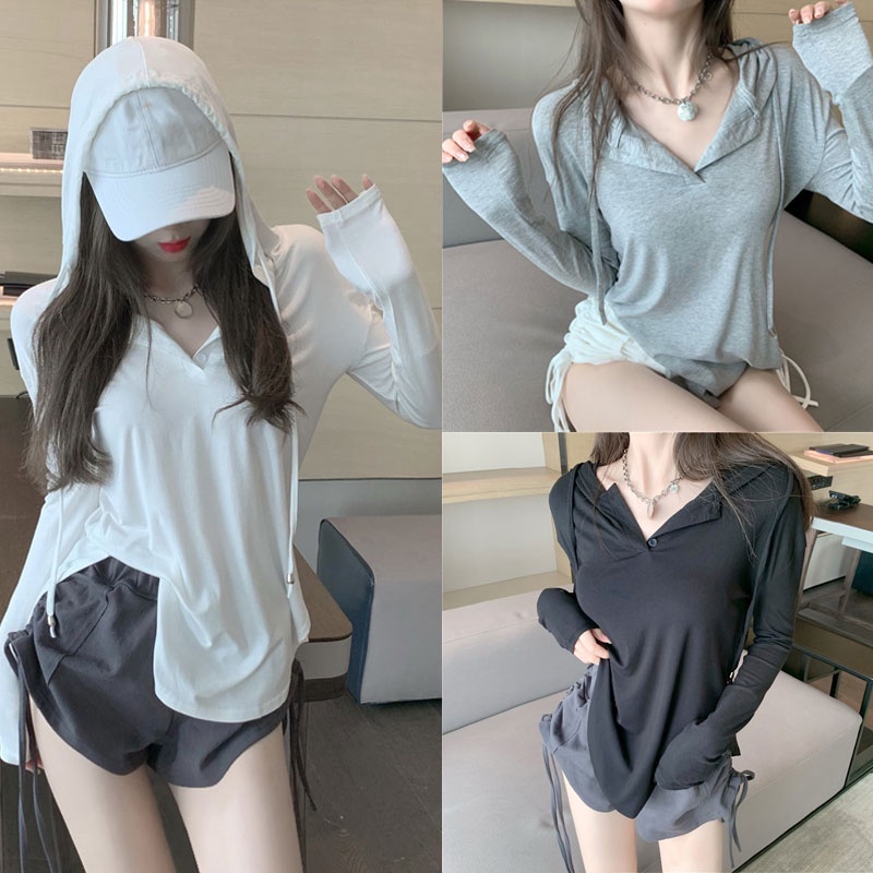 Dahong เสื้อยืดแขนยาวทรงหลวม oversize เสื้อยืดแขนยาว มีฮู้ด สไตล์เกาหลี แฟชั่น 2422