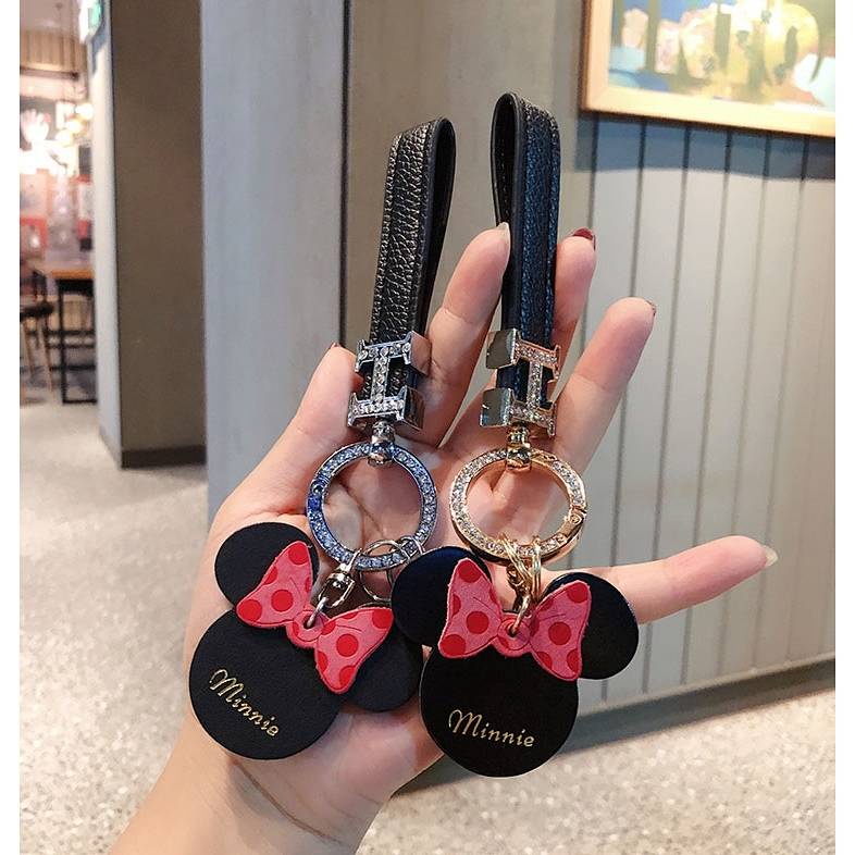 High-End Leather Mickey Minnie Car Keychain Women's Exquisite Ins Online Influencer Cute Keychain Pendant Creative Gifts KTV8